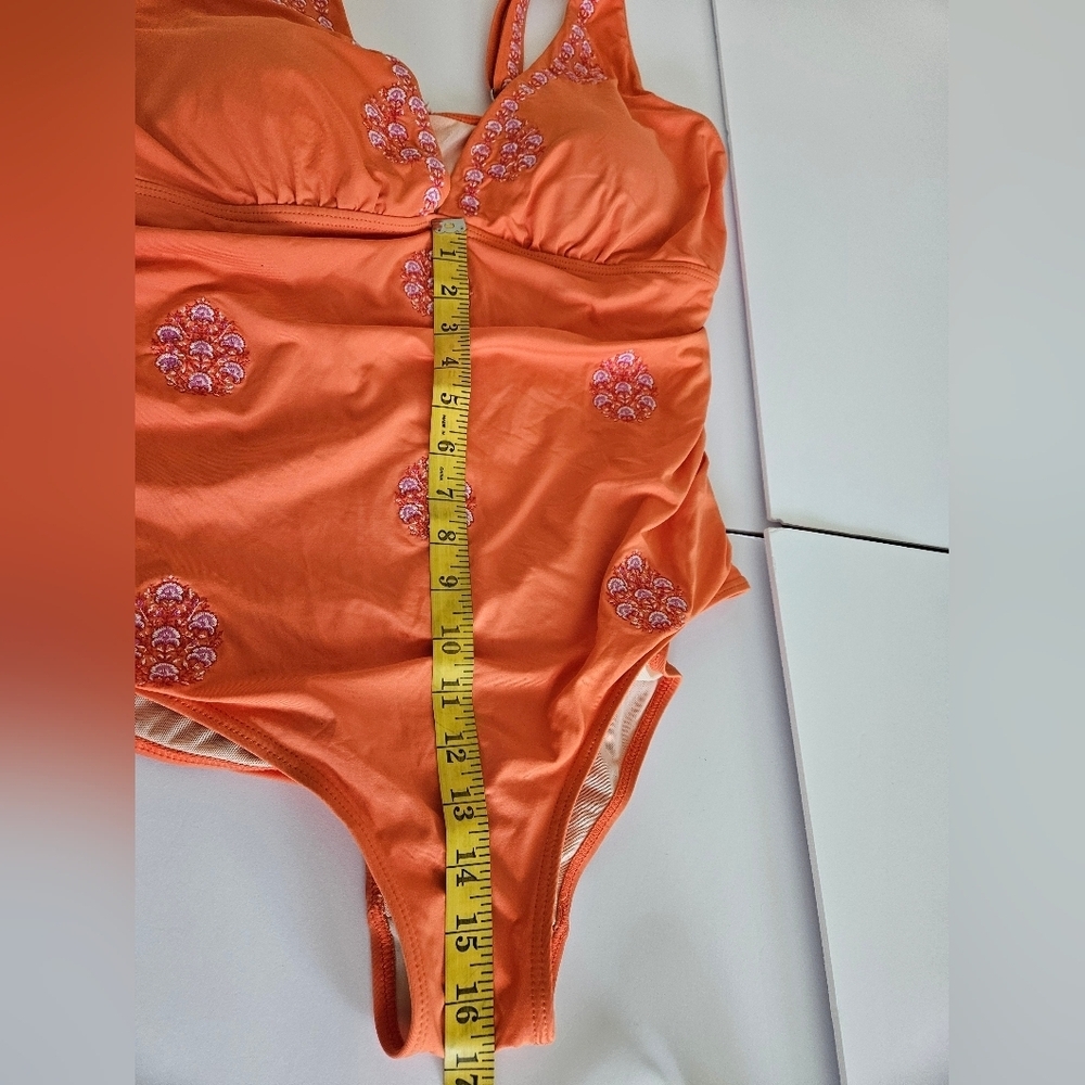 Sundance - Women's XL Orange One-Piece Swimsuit with Pink Floral Embroidery - Picture 8 of 11